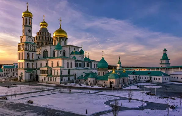 Picture snow, sunset, temple, Russia, architecture, Istra, Resurrection Cathedral, New Jerusalem Monastery