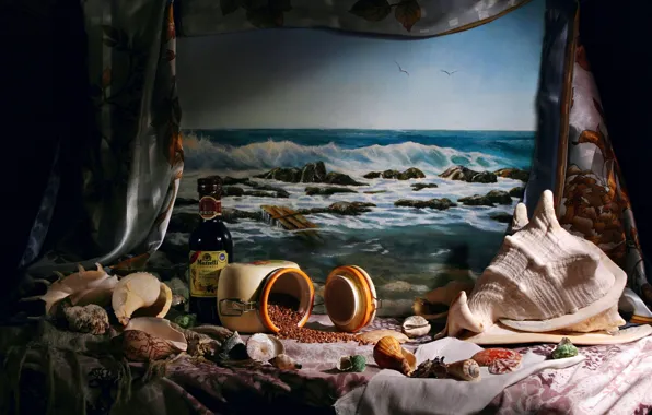 Sea, wave, style, the dark background, table, wine, bottle, seagulls