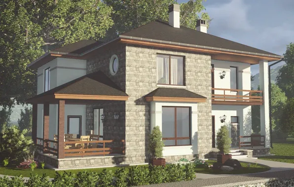 The sky, trees, house, cottage, facade
