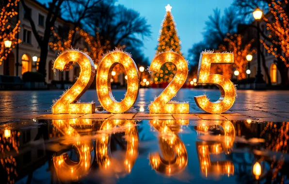 Light, night, the city, lights, reflection, figures, New year, tree