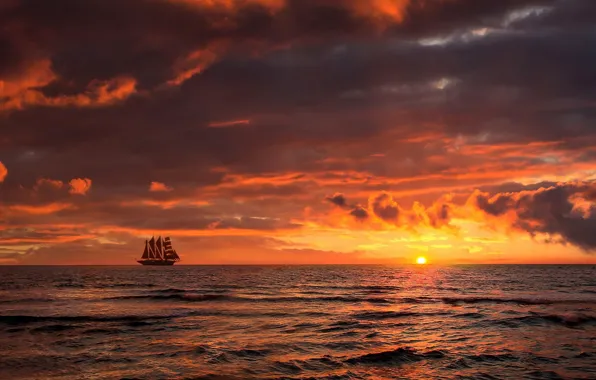 Sea, sunset, clouds, sailboat, the evening, skyline, ship, sailing