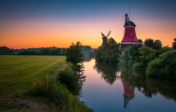 The evening, Germany, mill, river, Greetsiel