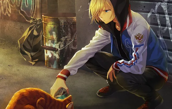 Cat, hood, guy, barrel, Yuri on the ice, Yuri Plesetskiy, Yuri On Ice, canned