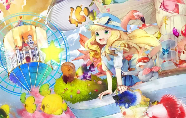 Girl, fish, animals, hare, anime, art, Alice in Wonderland, alice