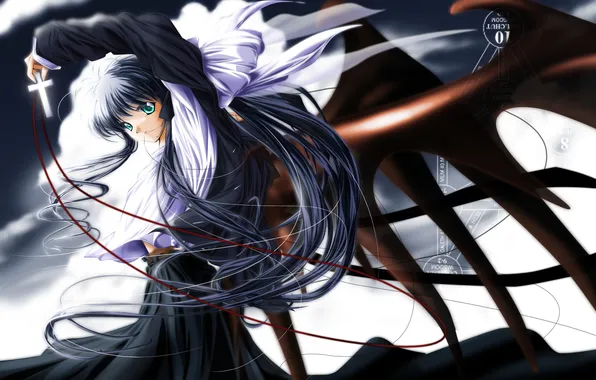 Picture girl, wings, cross, anime, art, bow, Canon, to yukir