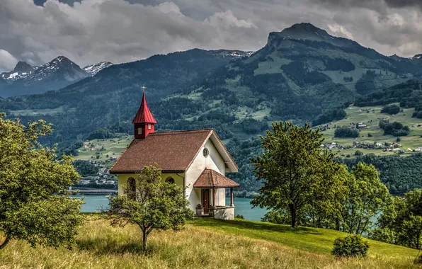 Trees, mountains, Switzerland, Alps, chapel, Switzerland, Alps, the Walensee