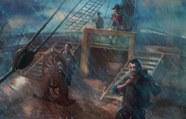 Picture storm, rain, ship, Commander, sailors, Conquest of the Americas