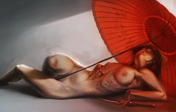 Pose, Girl, umbrella, geisha, tattoo, blade, naked