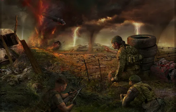 Clouds, tornado, soldiers, Stalker, area, thunder