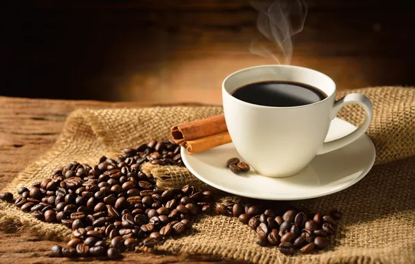 Table, coffee, mug, cinnamon, coffee beans, saucer, napkin