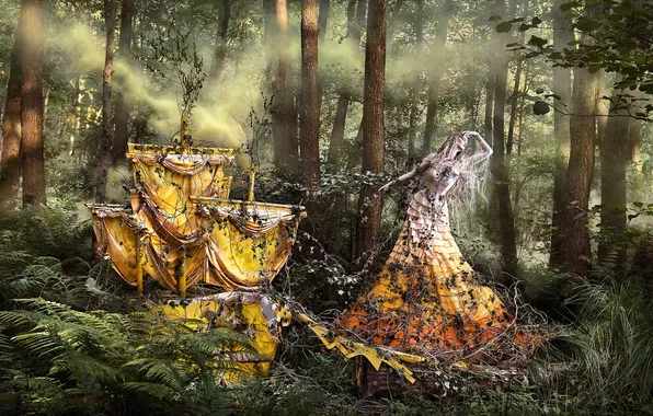 Forest, girl, ship, summer, shadows, Wonderland