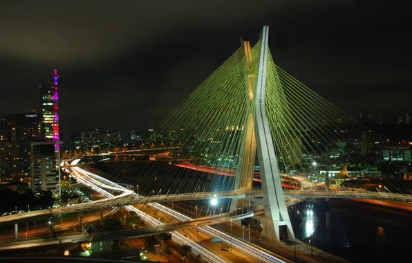 Night, bridge, lights, river, Brazil, promenade, cars, Octavio Frias de Oliveira
