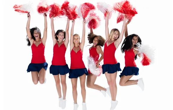 Joy, emotions, girls, mood, group, red, white background, uniform