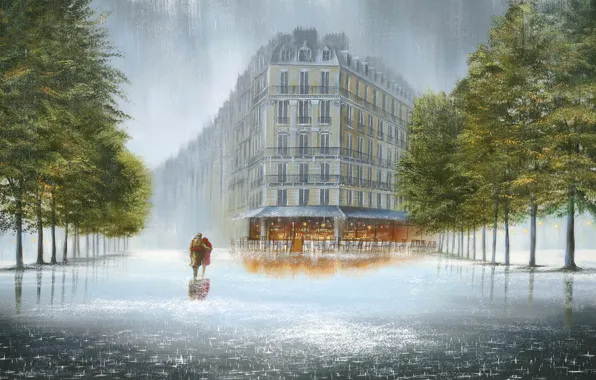 Trees, the city, house, cafe, puddles, two, the shower, Boulevard