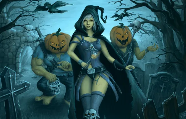 Picture girl, night, the moon, monster, cemetery, Halloween