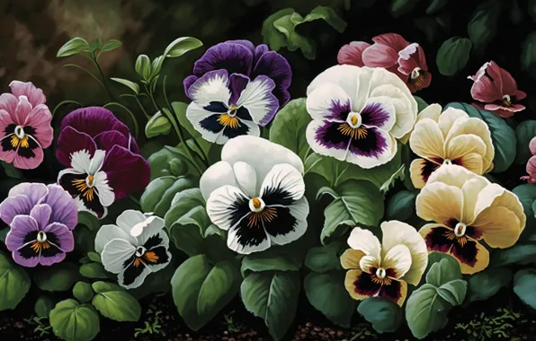 Leaves, flowers, the dark background, spring, yellow, purple, white, painting