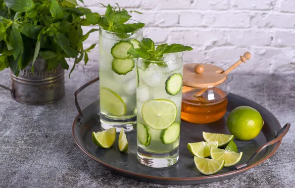 Glasses, cocktail, lime, glasses, drink, lemonade, cucumbers