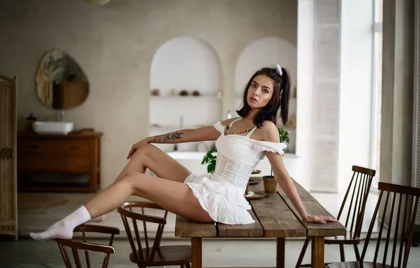 Look, girl, pose, dress, brunette, tattoo, legs, on the table