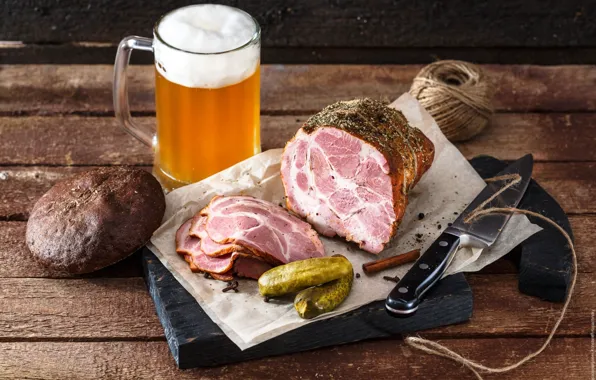 Picture beer, bread, meat, cucumbers, ham
