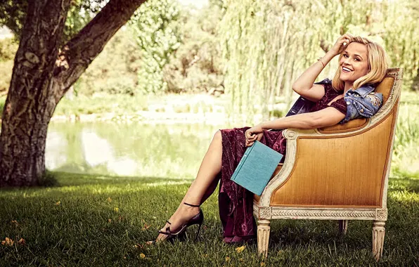 Nature, smile, pond, chair, dress, actress, blonde, beautiful