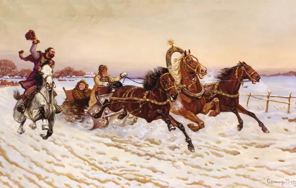 Winter, field, white, landscape, people, horse, winter, picture