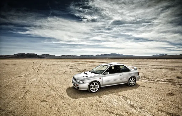 Sand, the sky, clouds, subaru impreza, Subaru, Impreza, wrx sti