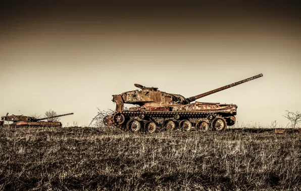 Picture field, the sky, old, tanks