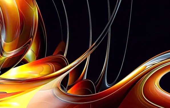 Abstraction, fantasy, Wallpaper, black background, picture, contrast lines, Golden curves, the fiery palette