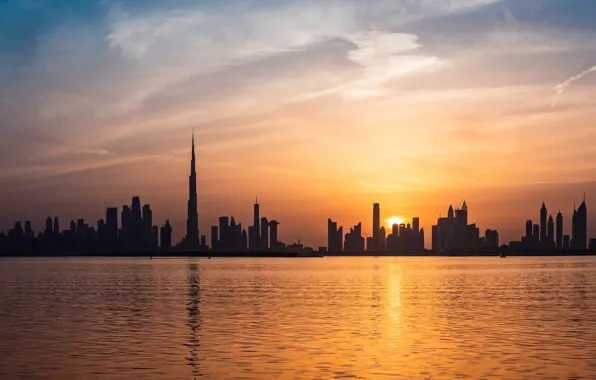 Sunset, The sun, Water, Clouds, The city, Horizon, Bay, Building