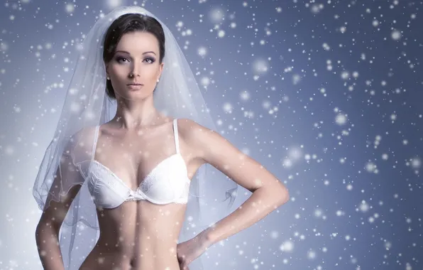 Picture girl, snow, brown hair, bra, veil, gray-eyed