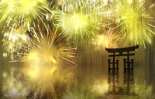 Water, reflection, gate, Fireworks, torii