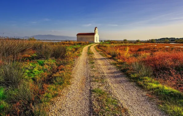 The sky, grass, clouds, mountains, lake, the way, shadow, Church
