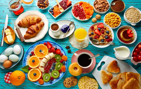 Berries, coffee, Breakfast, fruit, nuts, fresh, cakes, orange