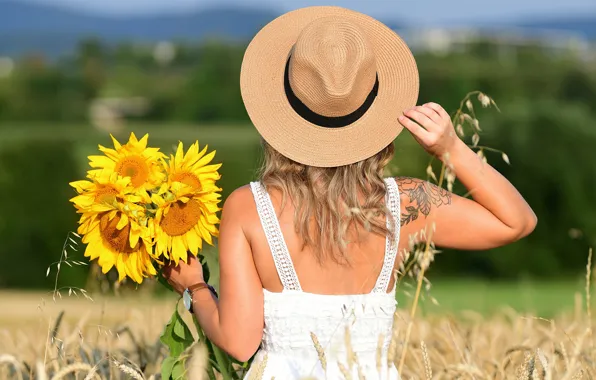 Picture hat, flowers, pose, back, girl, field, summer, tattoo