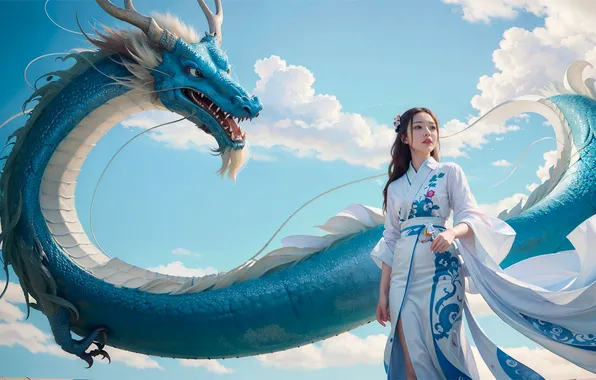 The sky, girl, clouds, blue, blue, dragon, fantasy, kimono