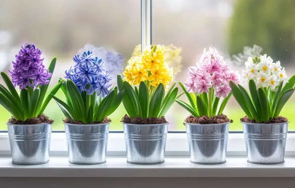 Flowers, spring, window, colorful, AI art, neural network, hyauints
