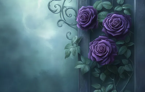 Leaves, flowers, roses, purple, lilac, composition, AI art, neural network