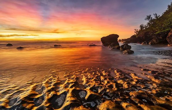 Sea, sunset, stones, rocks, shore, rocky shore
