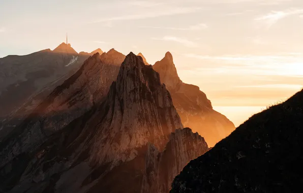 Switzerland, Switzerland, Mountain peaks, Altenalp Tower, Morning Sunlight, Morning sun, Altenalp Tourm, Mountain Peaks