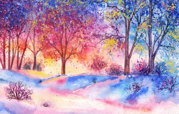 Forest, trees, watercolor, painted landscape
