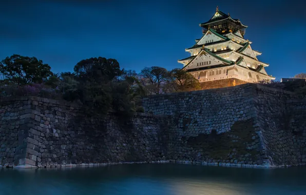 Water, night, castle, Japan, Japan, Osaka, Osaka, ditch