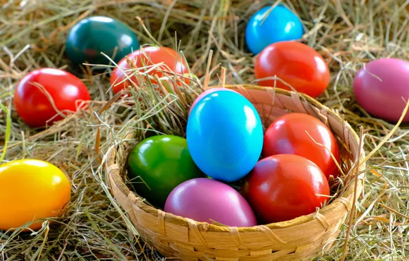 Holiday, bright, eggs, spring, Easter, straw, basket, colorful