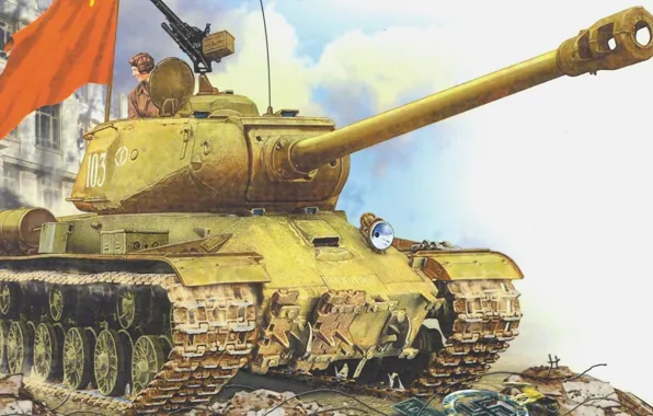 Figure, flag, the swastika, The is-2, the second world war, tanker, heavy tank, Is-122