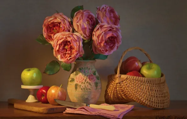 Flowers, apples, roses, bouquet, knife, still life, basket