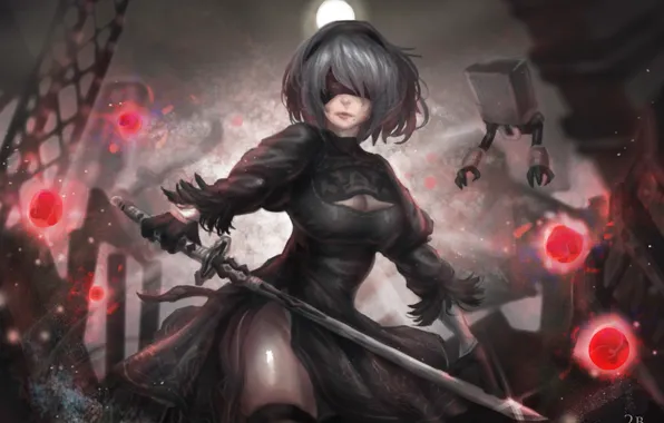 Girl, robot, sword, stockings, dress, cyborg, defender, NieR: Automata
