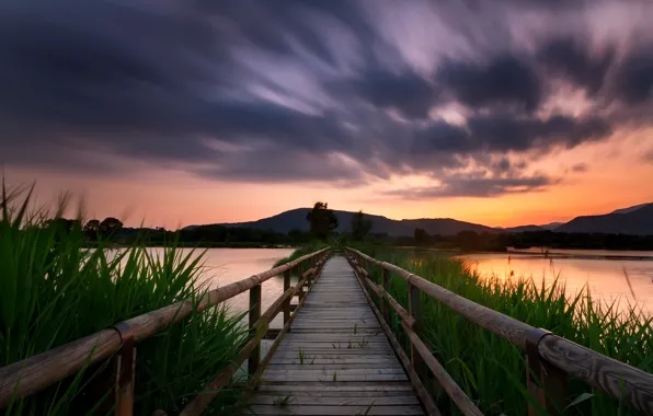 Sunset, bridge, lake