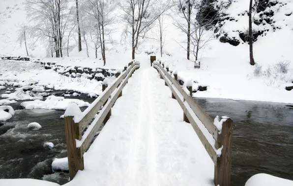 Winter, bridge, river