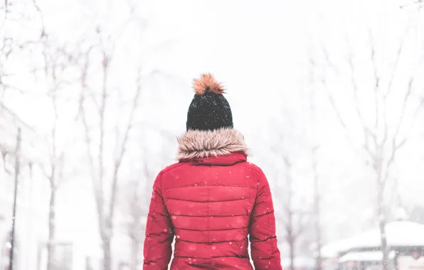 Picture winter, girl, snow, hat, back, fur, red jacket