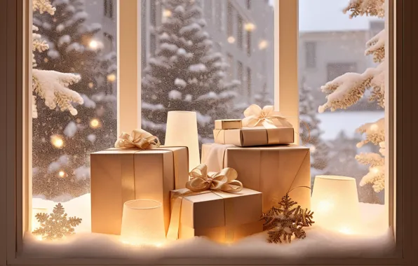 Winter, snow, decoration, New Year, window, Christmas, gifts, new year