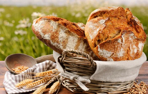 Picture basket, bread, ears, cereals, napkin
